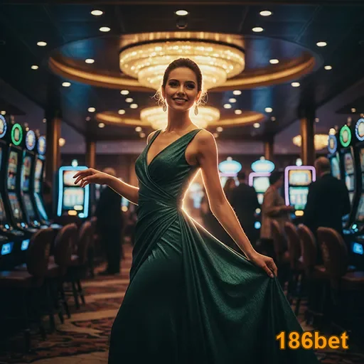 Jogadora em um cassino da 186bet com máquinas de slot ao fundo.