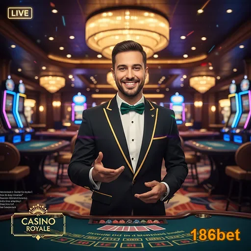 Dealer sorridente na 186bet em um cassino elegante.