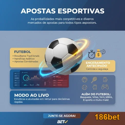 Interface da 186bet destacando apostas em futebol e ao vivo.