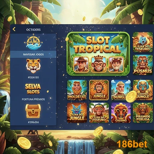 Tela do app da 186bet com jogos de slots tropicais.