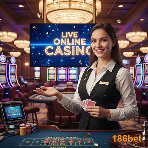 Jogadora oferecendo serviços VIP no 186bet com mesas ao fundo.