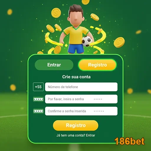 Tela de registro do aplicativo 186bet com tema de futebol.