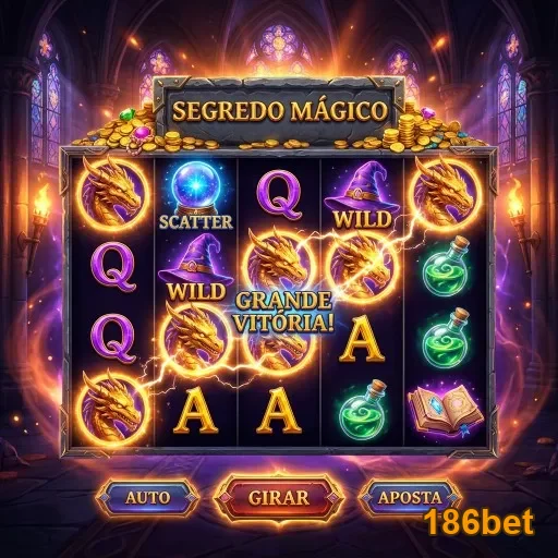 Imagem do jogo 'Segredo Mágico' na 186bet com símbolos de vitória.