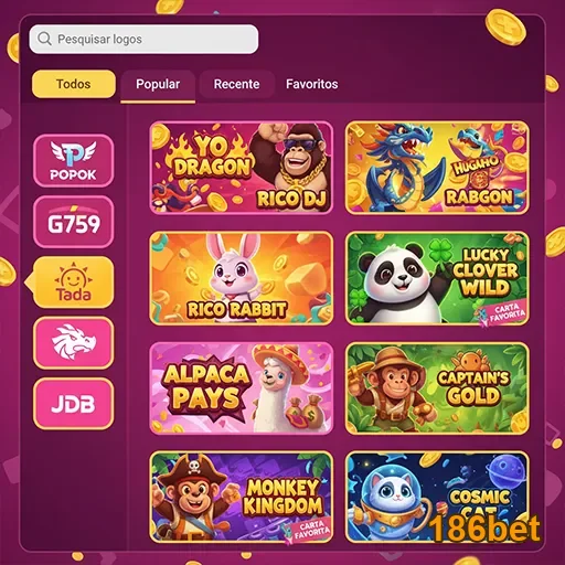 Tela de jogos de slots disponíveis na 186bet.