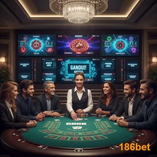 Tabela de jogo ao vivo na 186bet com croupier e jogadores.