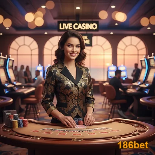 Croupier da 186bet no cassino ao vivo, prestando serviços VIP.